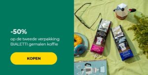 "-50% op de tweede verpakking BIALETTI gemalen koffie "