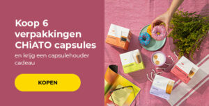 Koop 6 verpakkingen CHiATO capsules en krijg een capsulehouder cadeau.